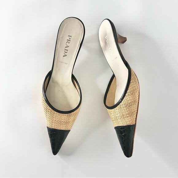Prada Y2K Vintage Raffia Cap Toe Croc Emboss Kitten Heel Pointed Toe Mules 38.5 - Picture 2 of 13